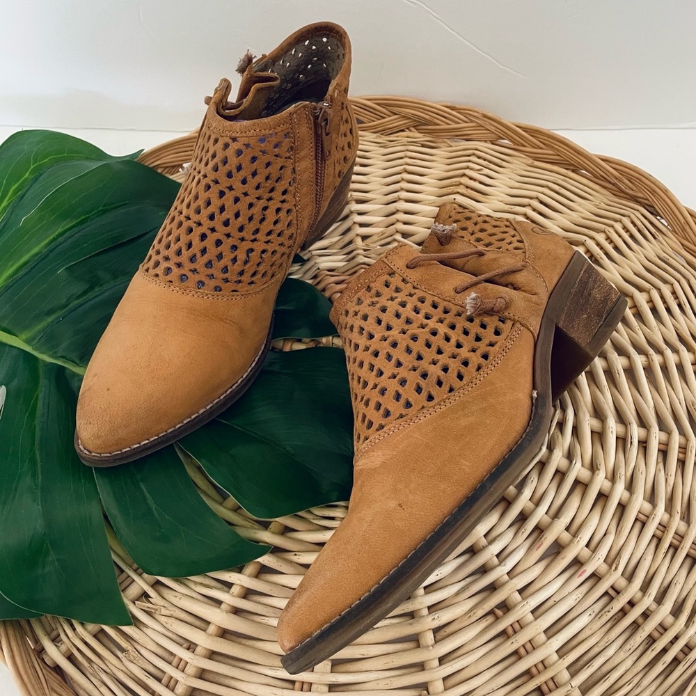 Unity In Diversity Camel color Perforated Laser Cut Leather Booties size EU 38